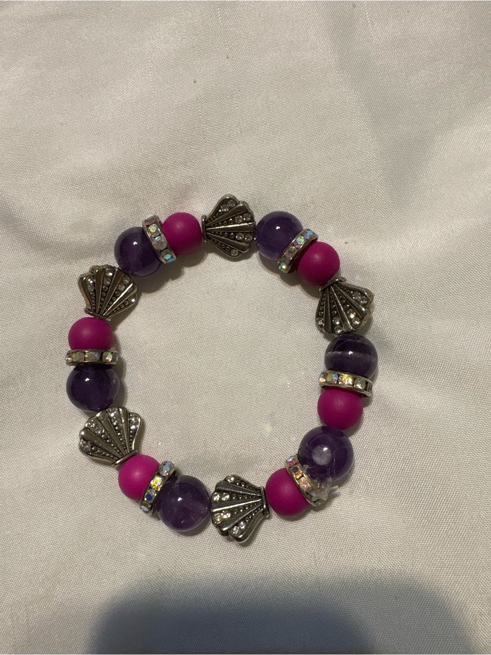 Purple Beaded Bracelet with Silver Shell Charms
